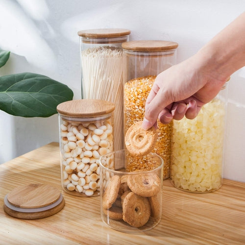 Glass Food Storage Containers, Food Jars with Bamboo Wooden Lids - Set